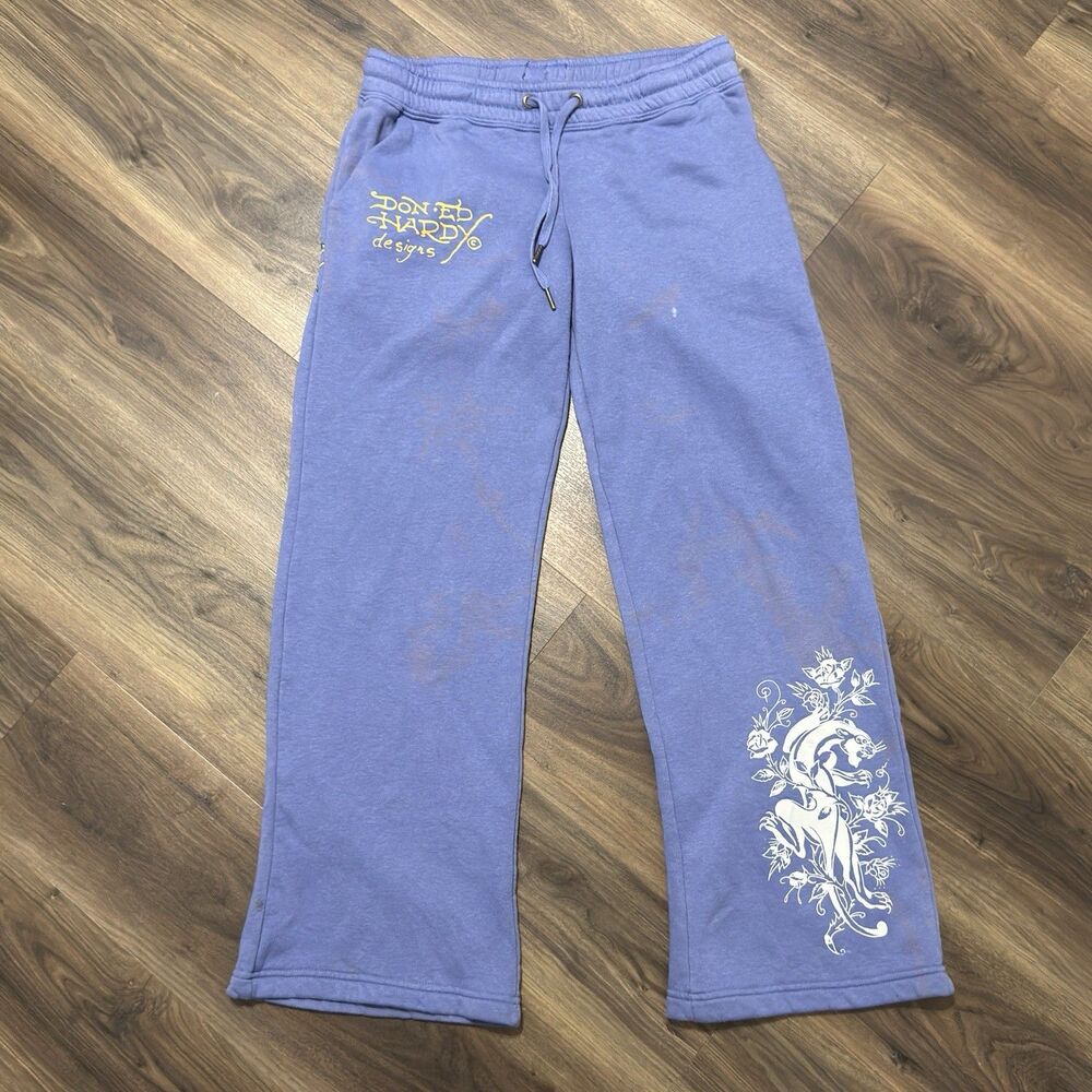 Ed Hardy Y2K Logo Tattoo Panther Light Blue Lounge Sweat Pants Medium
